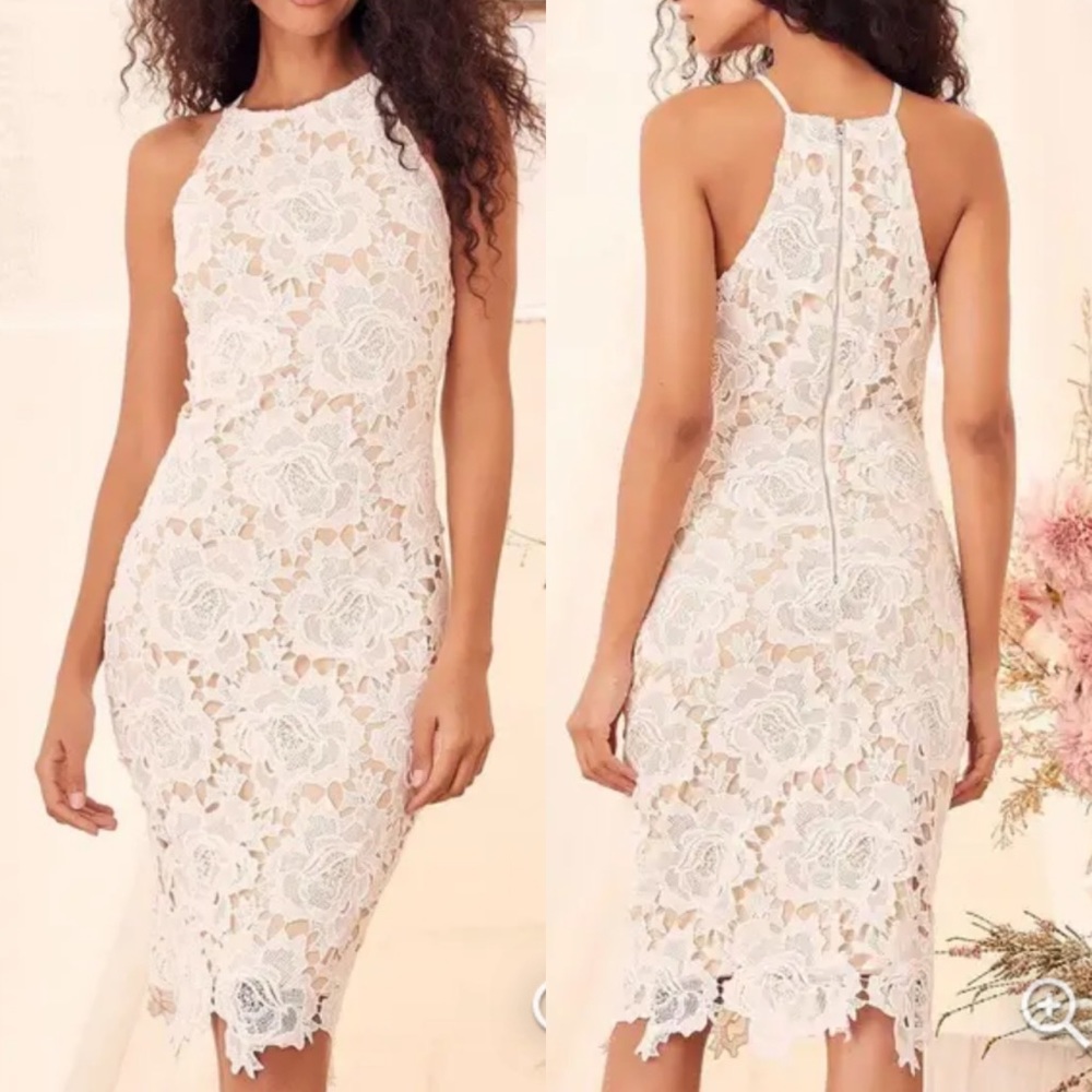 LULUS Temps De L’Amour White Floral Lace Bodycon Midi Pencil Dress Medium
